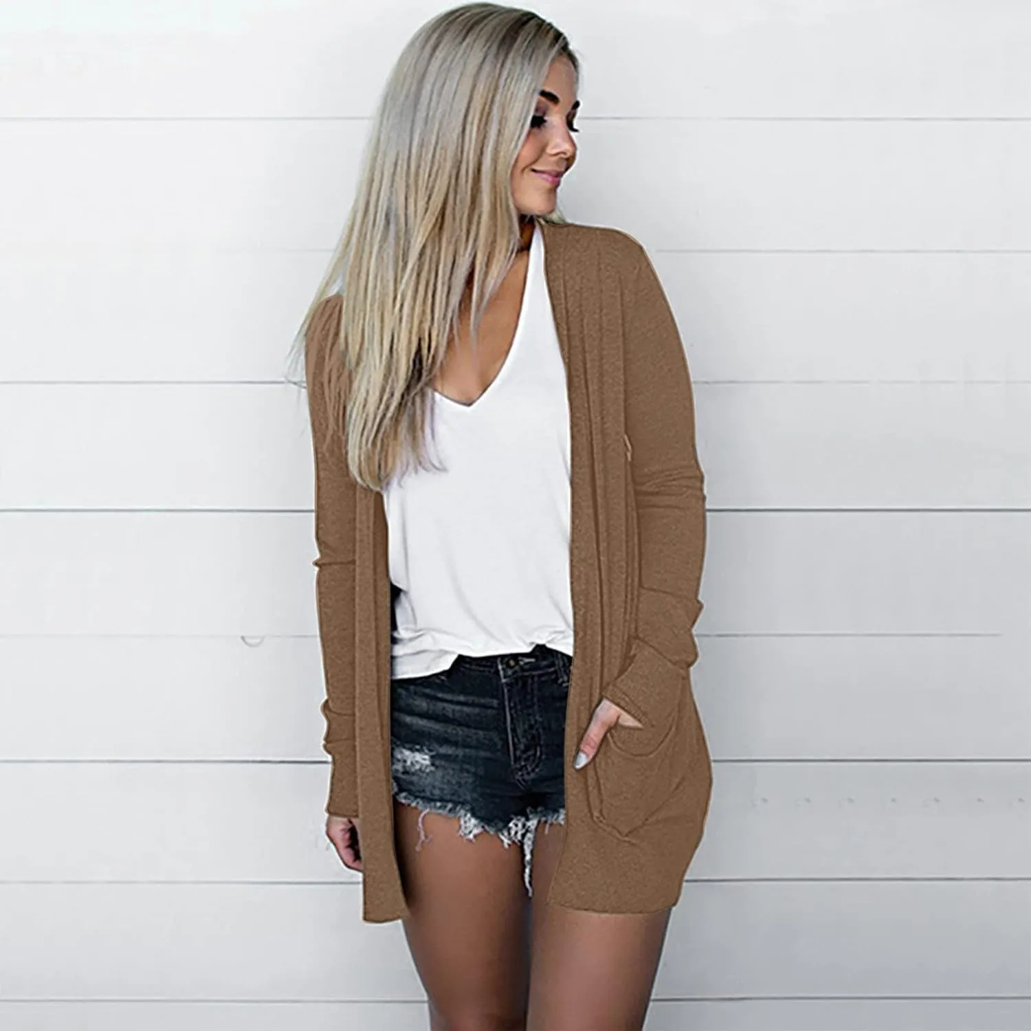 Womens Casual Lightweight Long Sleeve Cardigan Soft Drape Open Front Fall Dusters Sweaters Outwear Coat with Pockets