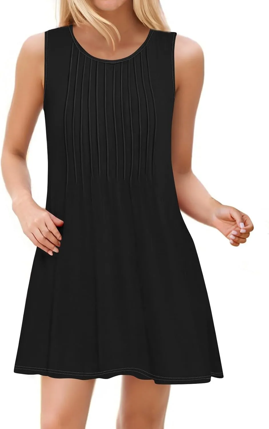 Womens Casual Sleeveless Dressy Dresses Sexy Pleated Evening Wear Swing Party A-Line Slim Solid Color Clubwear Dress