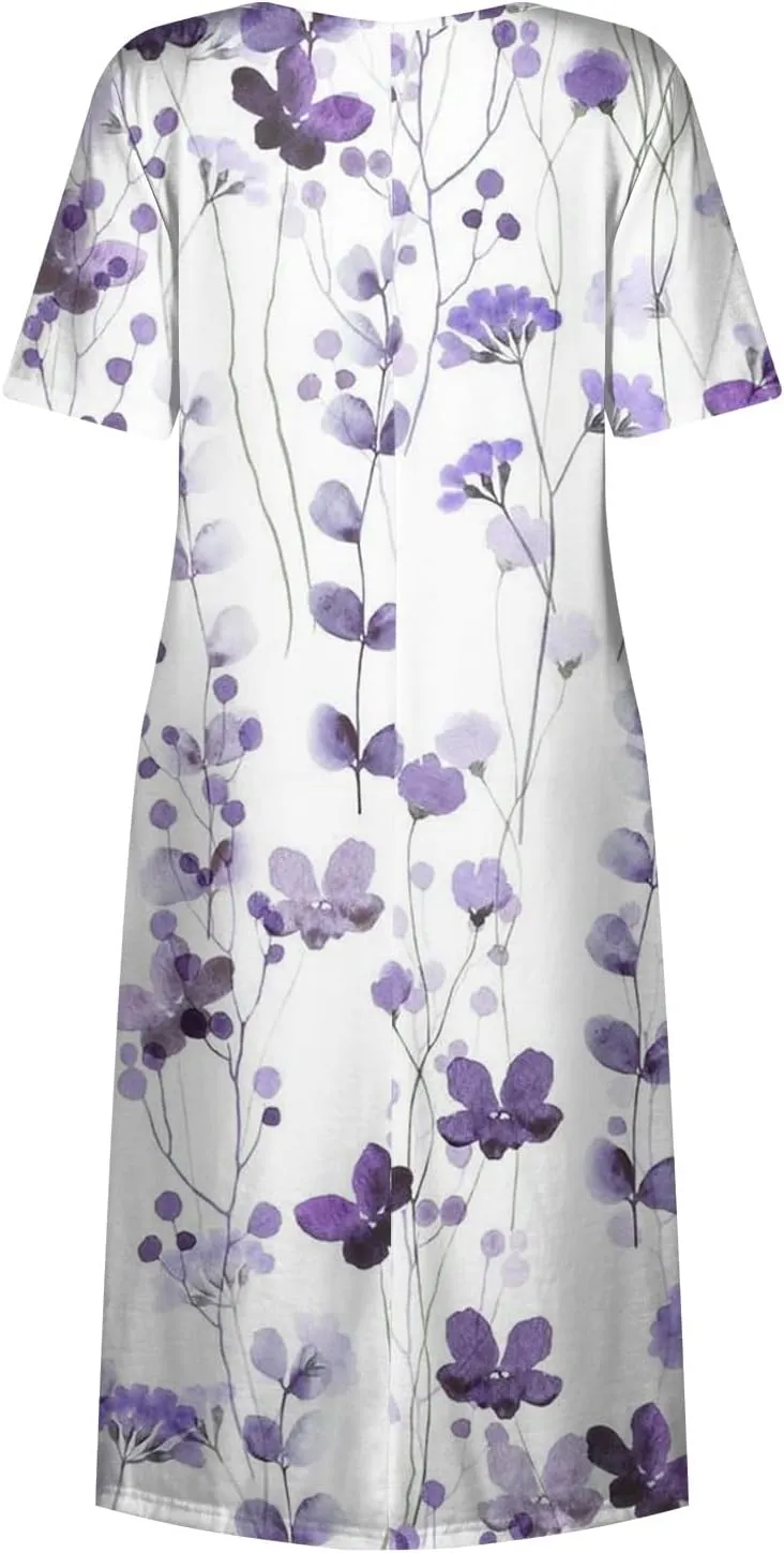 Women's Casual Summer Dresses Short Sleeve Crewneck Sundress Vacation Maxi House Dresses with Pocket