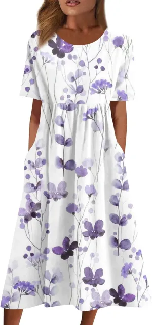 Women's Casual Summer Dresses Short Sleeve Crewneck Sundress Vacation Maxi House Dresses with Pocket