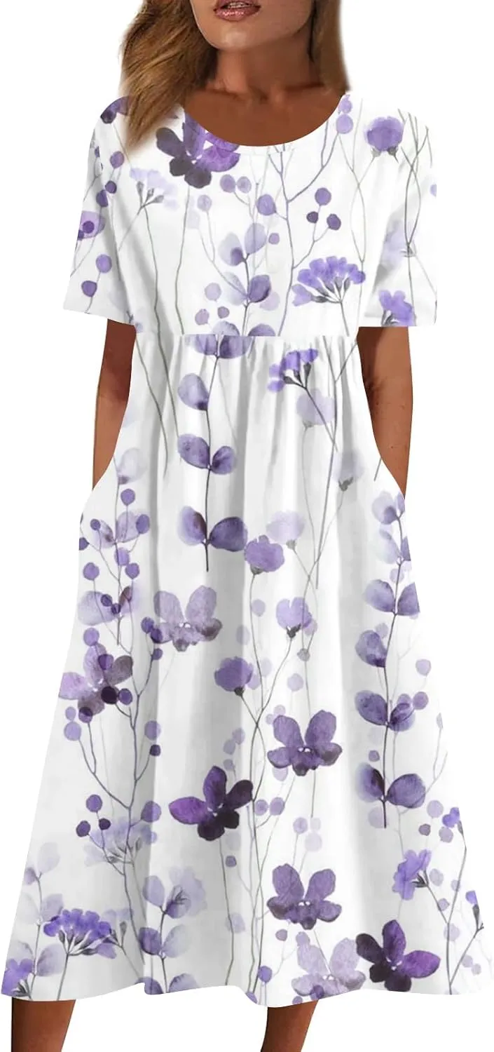 Women's Casual Summer Dresses Short Sleeve Crewneck Sundress Vacation Maxi House Dresses with Pocket