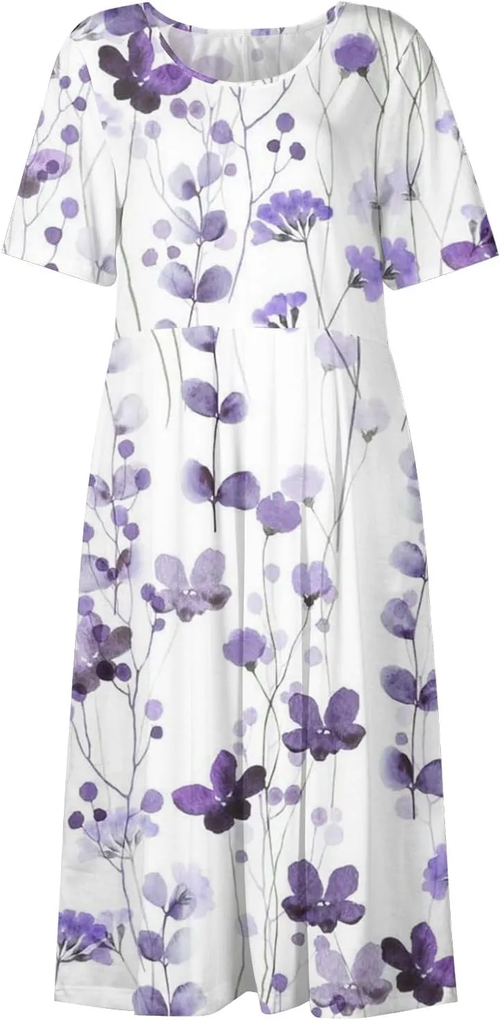 Women's Casual Summer Dresses Short Sleeve Crewneck Sundress Vacation Maxi House Dresses with Pocket