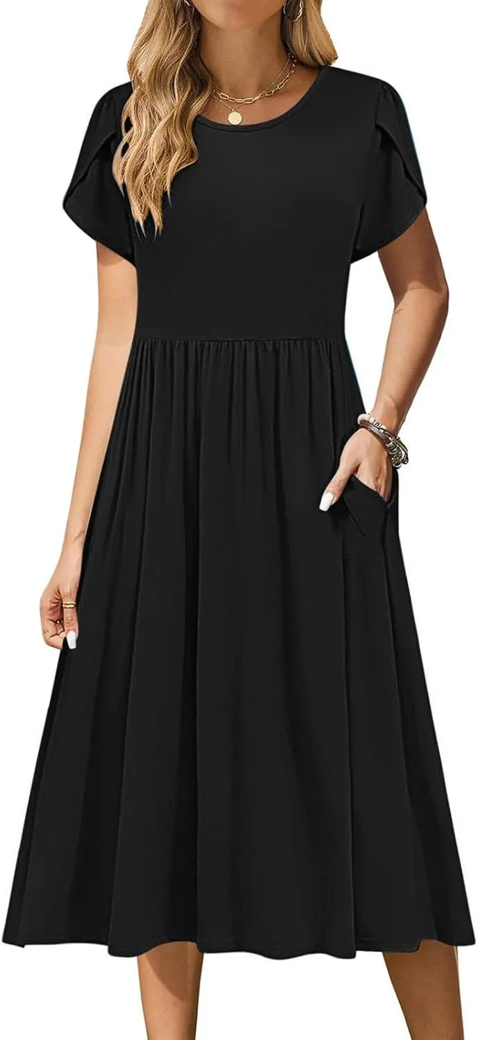 Women's Casual Summer Maxi Dress Spring Petal Short Sleeve Tshirt Dress with Pockets A Line Vacation Beach Sundress