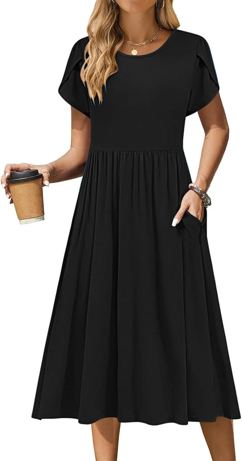 Women's Casual Summer Maxi Dress Spring Petal Short Sleeve Tshirt Dress with Pockets A Line Vacation Beach Sundress