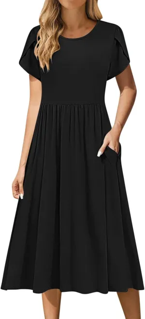 Women's Casual Summer Maxi Dress Spring Petal Short Sleeve Tshirt Dress with Pockets A Line Vacation Beach Sundress