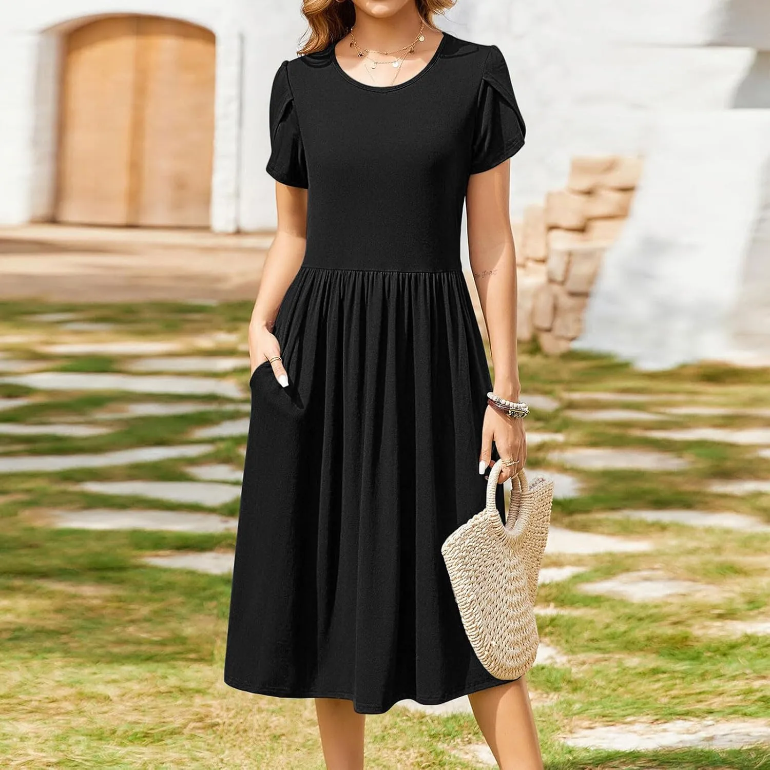 Women's Casual Summer Maxi Dress Spring Petal Short Sleeve Tshirt Dress with Pockets A Line Vacation Beach Sundress