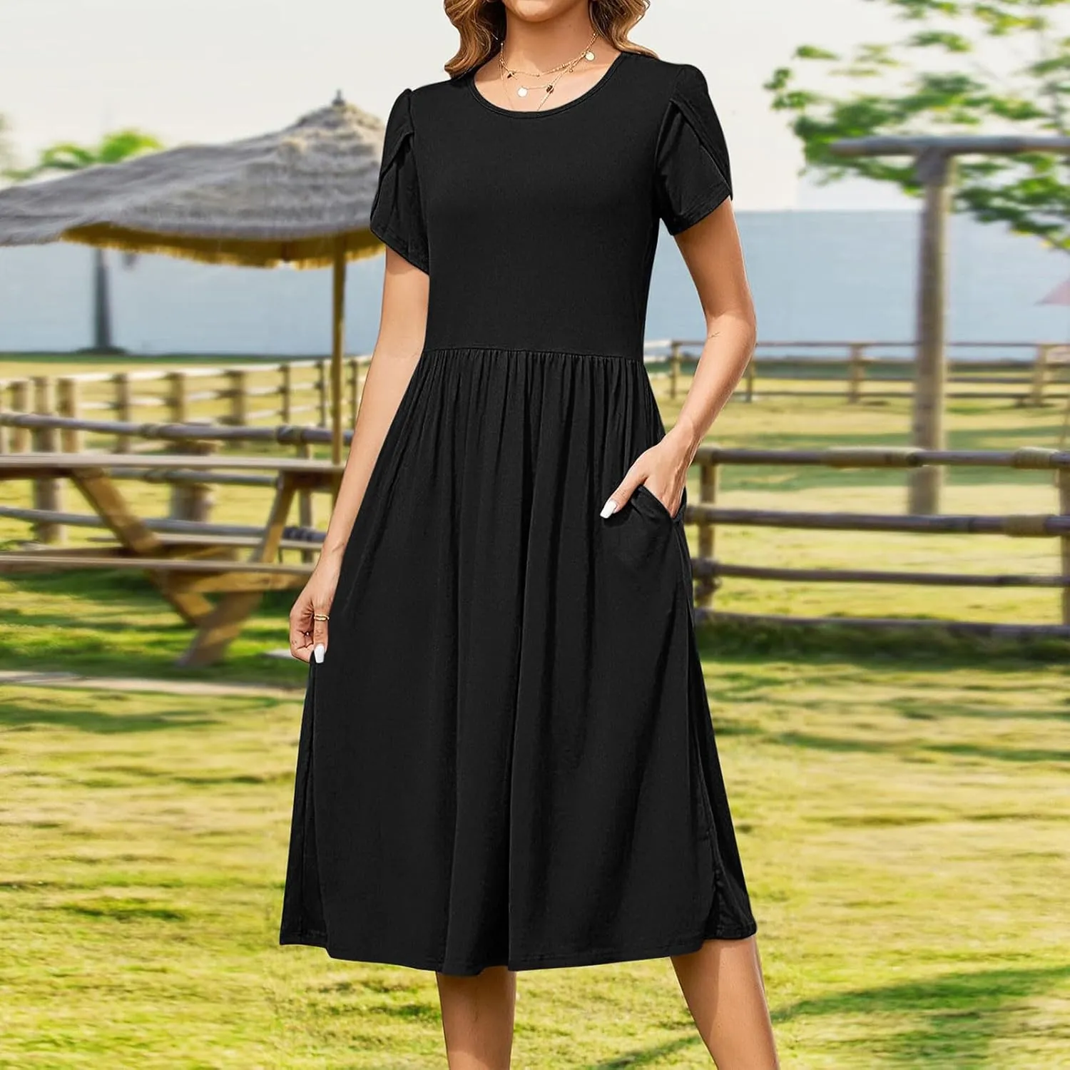 Women's Casual Summer Maxi Dress Spring Petal Short Sleeve Tshirt Dress with Pockets A Line Vacation Beach Sundress