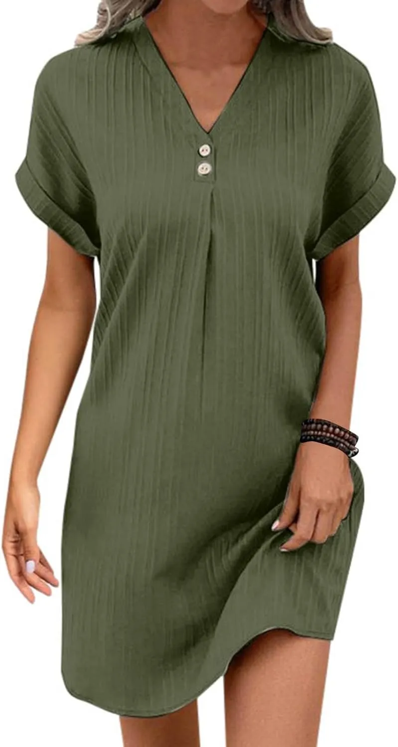 Women's Casual T Shirt Dress Summer V Neck Button Short Sleeve Dresses 2025 Mini Sundresses Linen Dress Women