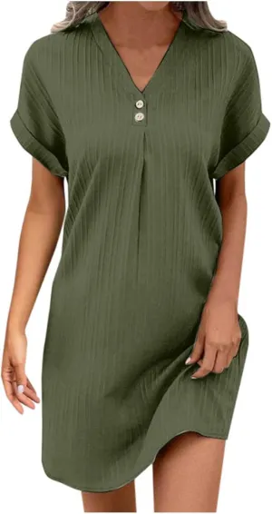Women's Casual T Shirt Dress Summer V Neck Button Short Sleeve Dresses 2025 Mini Sundresses Linen Dress Women