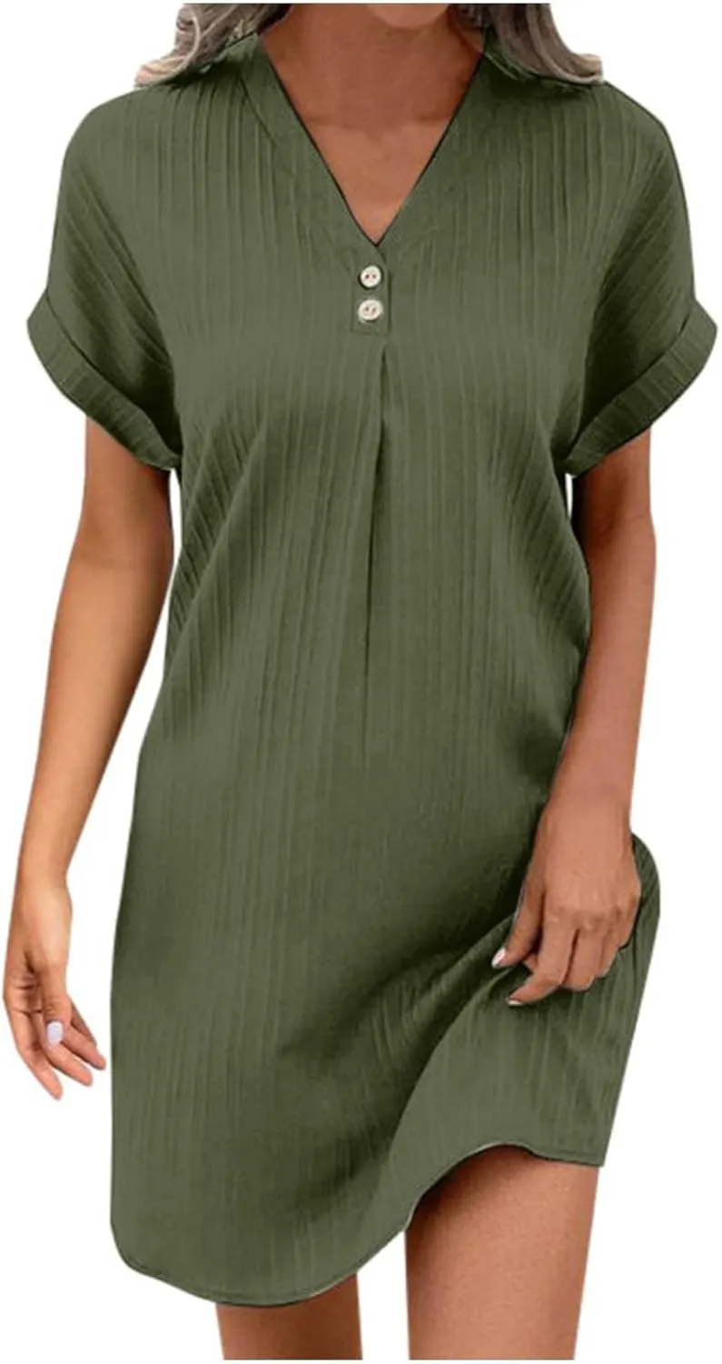 Women's Casual T Shirt Dress Summer V Neck Button Short Sleeve Dresses 2025 Mini Sundresses Linen Dress Women