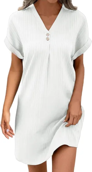 Women's Casual T Shirt Dress Summer V Neck Button Short Sleeve Dresses 2025 Mini Sundresses Linen Dress Women