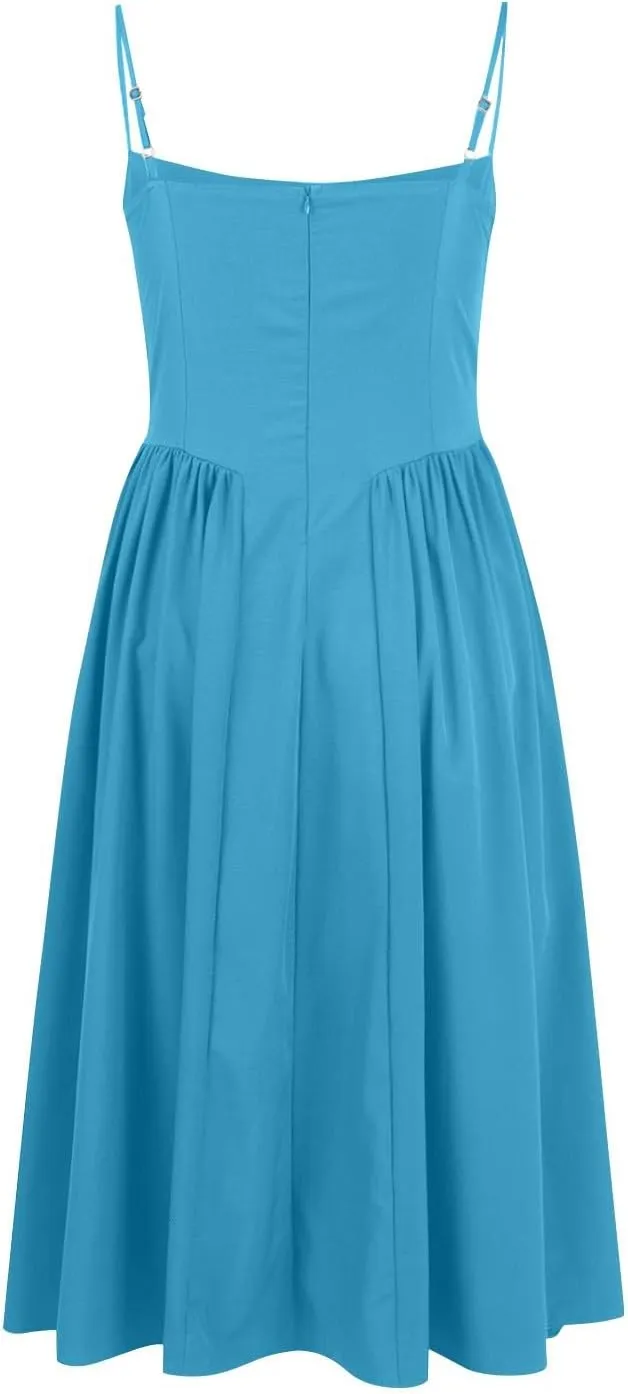 Women's Corset Dress Spaghetti Strap Bustier Midi Dress Low Cut Flowy Pleated Hem Summer Party Dresses with Pockets
