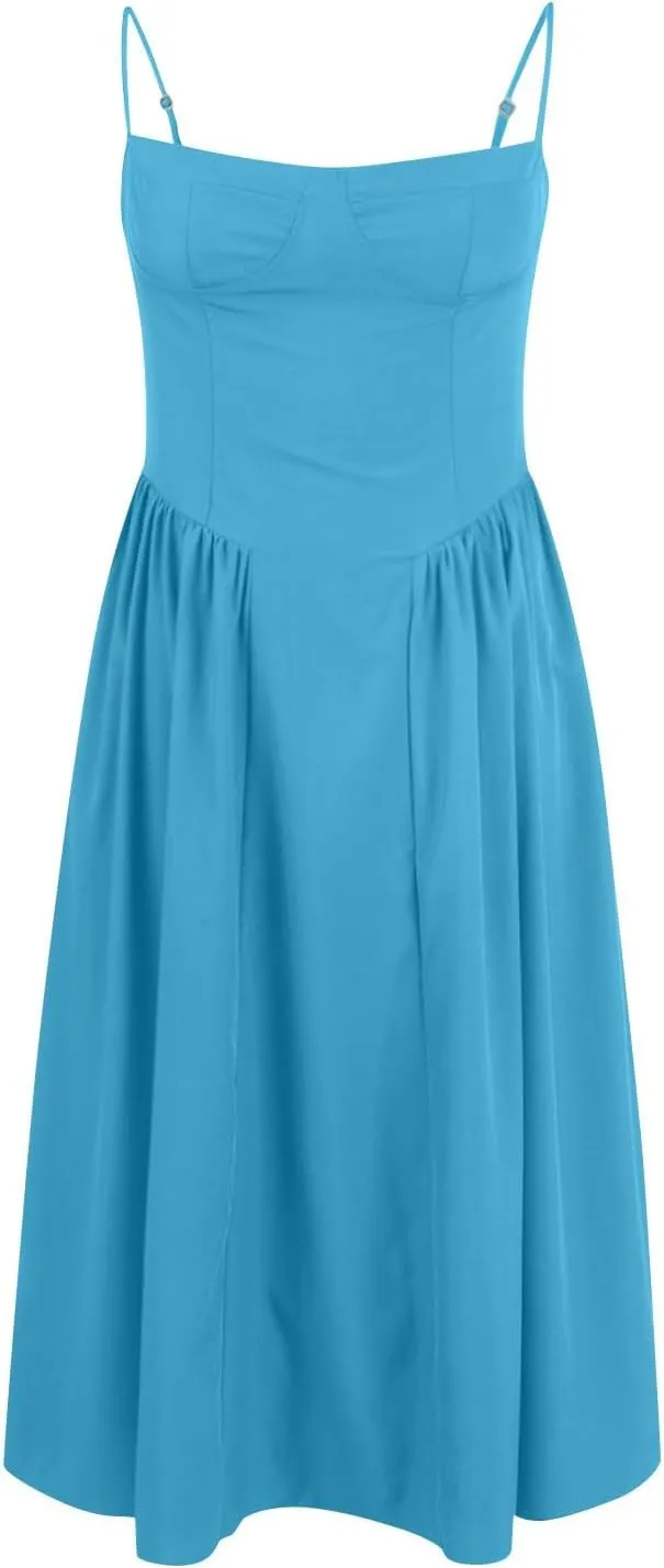 Women's Corset Dress Spaghetti Strap Bustier Midi Dress Low Cut Flowy Pleated Hem Summer Party Dresses with Pockets