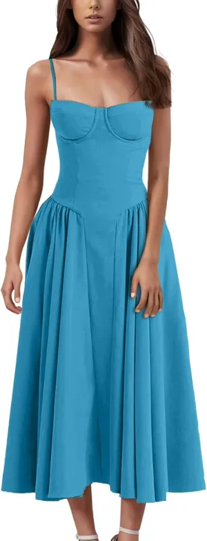 Women's Corset Dress Spaghetti Strap Bustier Midi Dress Low Cut Flowy Pleated Hem Summer Party Dresses with Pockets