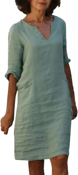 Womens Cotton Linen Butter Yellow Dress Summer Short Sleeve V Neck Comfy Travel Sundresses Beach Wear Vacation Clothes