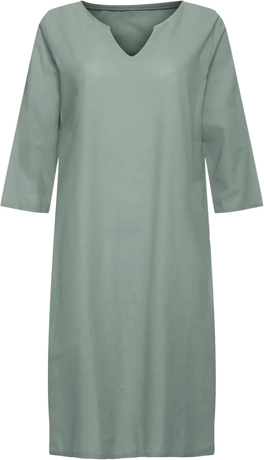 Womens Cotton Linen Butter Yellow Dress Summer Short Sleeve V Neck Comfy Travel Sundresses Beach Wear Vacation Clothes