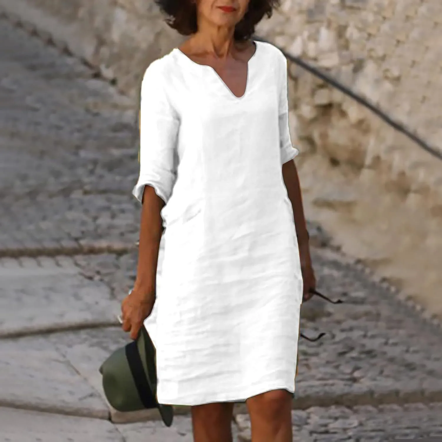 Womens Cotton Linen Butter Yellow Dress Summer Short Sleeve V Neck Comfy Travel Sundresses Beach Wear Vacation Clothes
