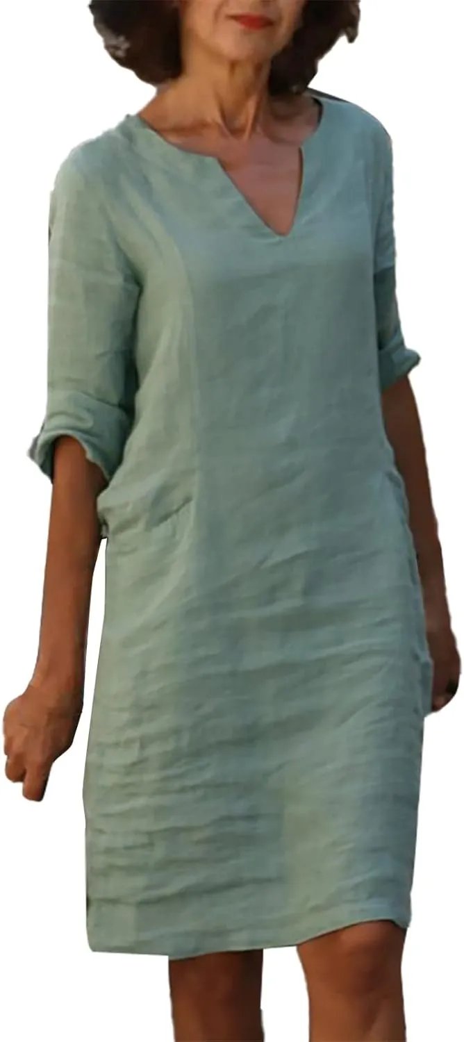 Womens Cotton Linen Butter Yellow Dress Summer Short Sleeve V Neck Comfy Travel Sundresses Beach Wear Vacation Clothes