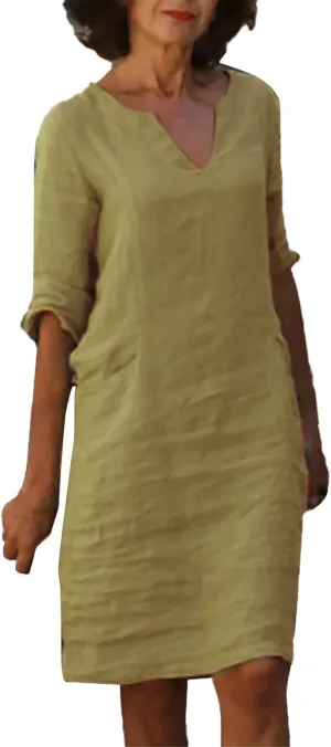 Womens Cotton Linen Butter Yellow Dress Summer Short Sleeve V Neck Comfy Travel Sundresses Beach Wear Vacation Clothes