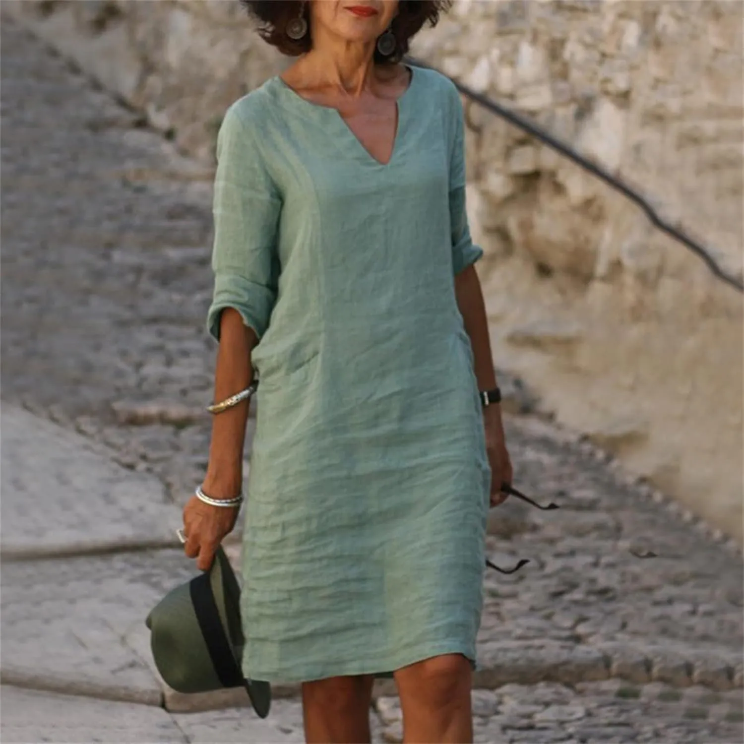 Womens Cotton Linen Butter Yellow Dress Summer Short Sleeve V Neck Comfy Travel Sundresses Beach Wear Vacation Clothes