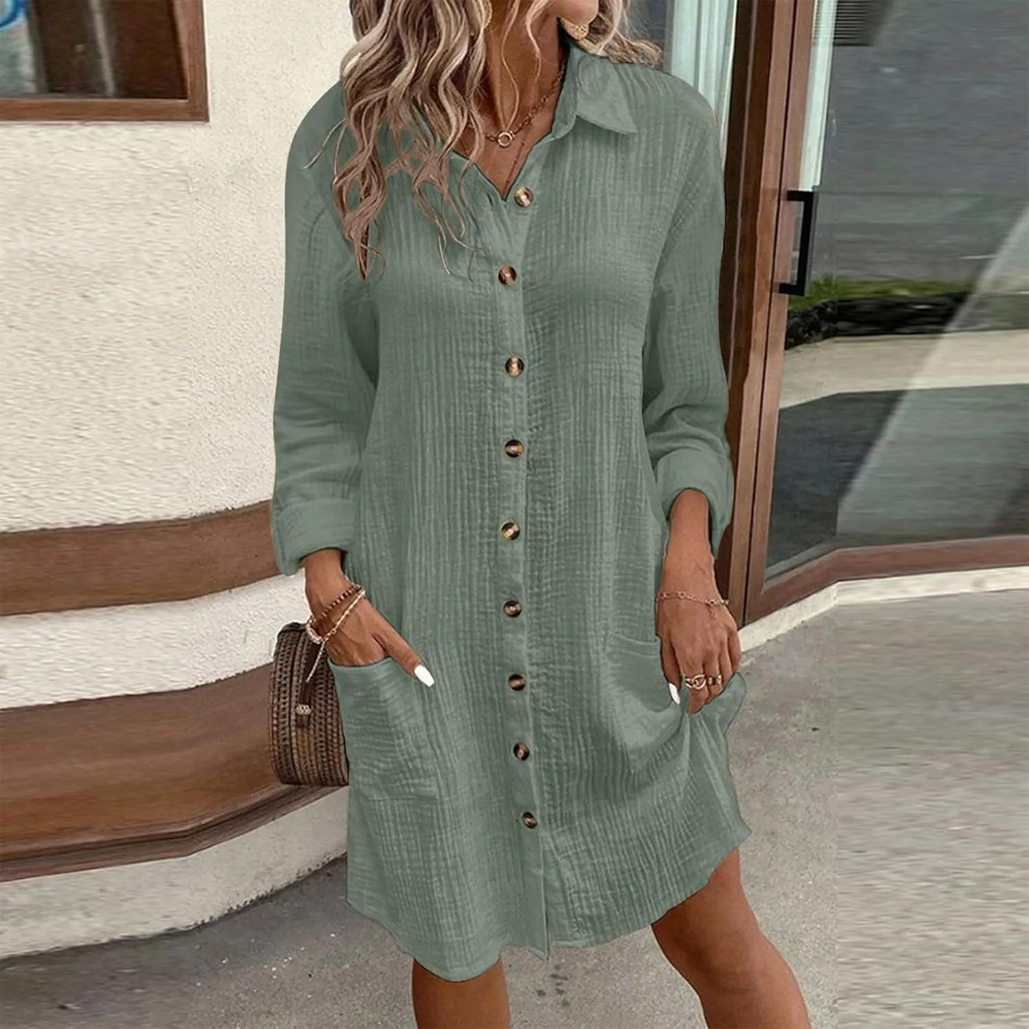 Womens Cotton Linen Dresses Fall Button Down Lapel Collar Long Sleeve Knee Length Tunic Shirt Midi Dress with Pockets
