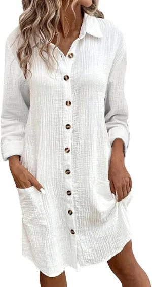 Womens Cotton Linen Dresses Fall Button Down Lapel Collar Long Sleeve Knee Length Tunic Shirt Midi Dress with Pockets