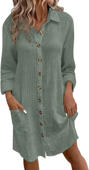 Womens Cotton Linen Dresses Fall Button Down Lapel Collar Long Sleeve Knee Length Tunic Shirt Midi Dress with Pockets