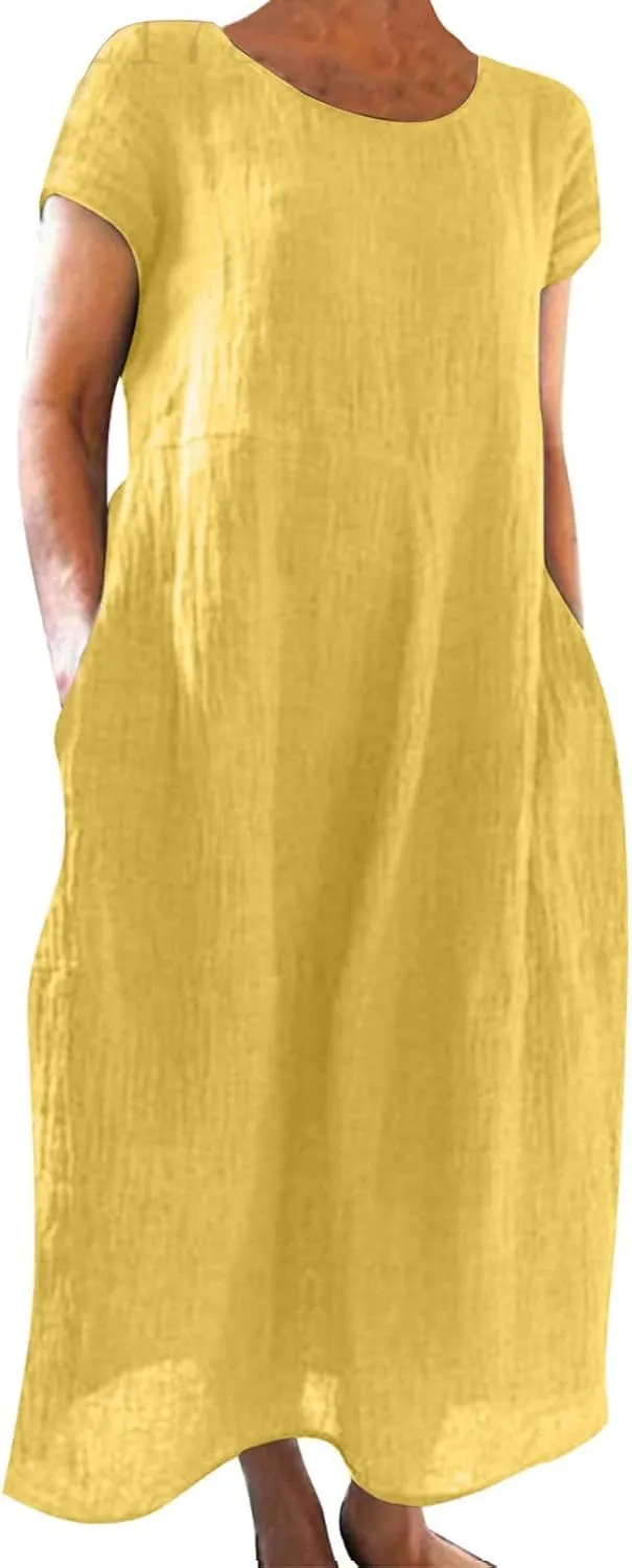 Womens Cotton Linen Dresses Summer Short Sleeve Comfy Travel Sundresses Maxi Beach Dress Vacation Clothes 2025 Plus Size