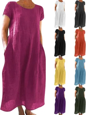 Womens Cotton Linen Dresses Summer Short Sleeve Comfy Travel Sundresses Maxi Beach Dress Vacation Clothes 2025 Plus Size