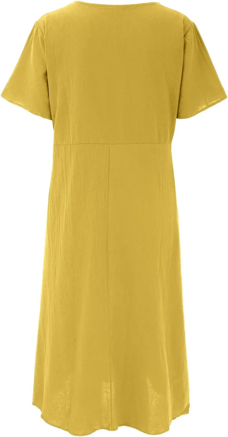 Womens Cotton Linen Dresses Summer Short Sleeve Comfy Travel Sundresses Maxi Beach Dress Vacation Clothes 2025 Plus Size
