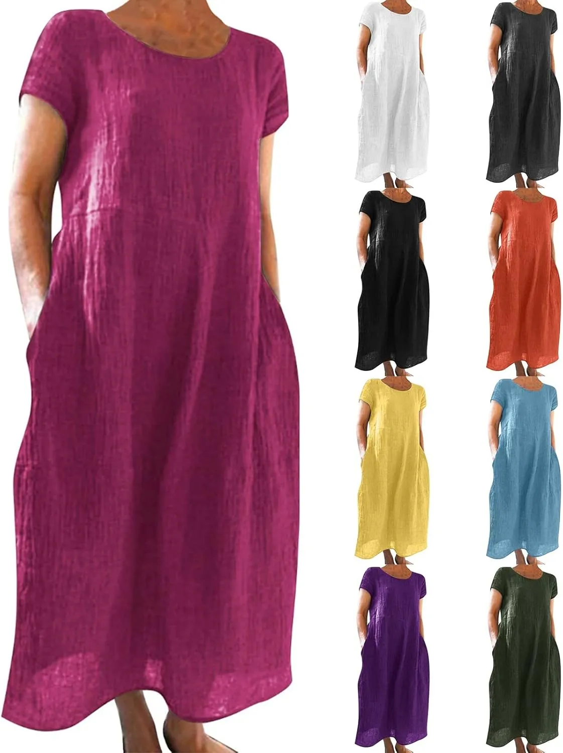 Womens Cotton Linen Dresses Summer Short Sleeve Comfy Travel Sundresses Maxi Beach Dress Vacation Clothes 2025 Plus Size
