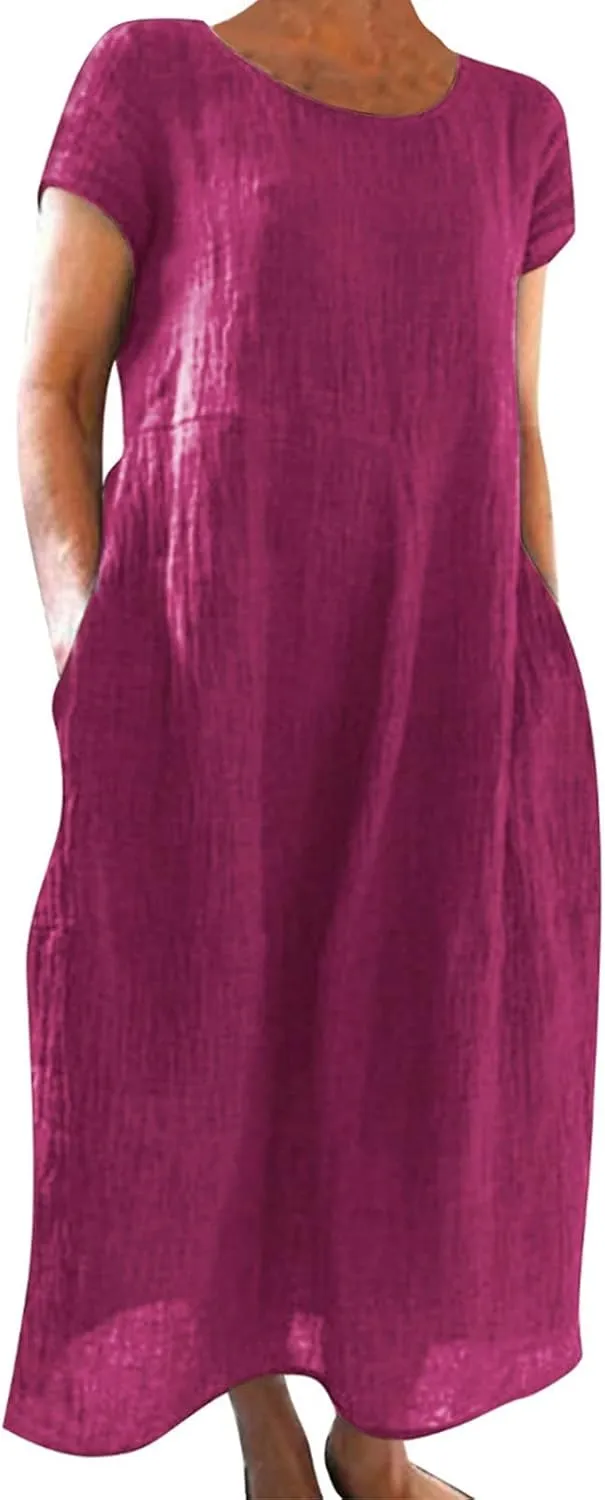 Womens Cotton Linen Dresses Summer Short Sleeve Comfy Travel Sundresses Maxi Beach Dress Vacation Clothes 2025 Plus Size
