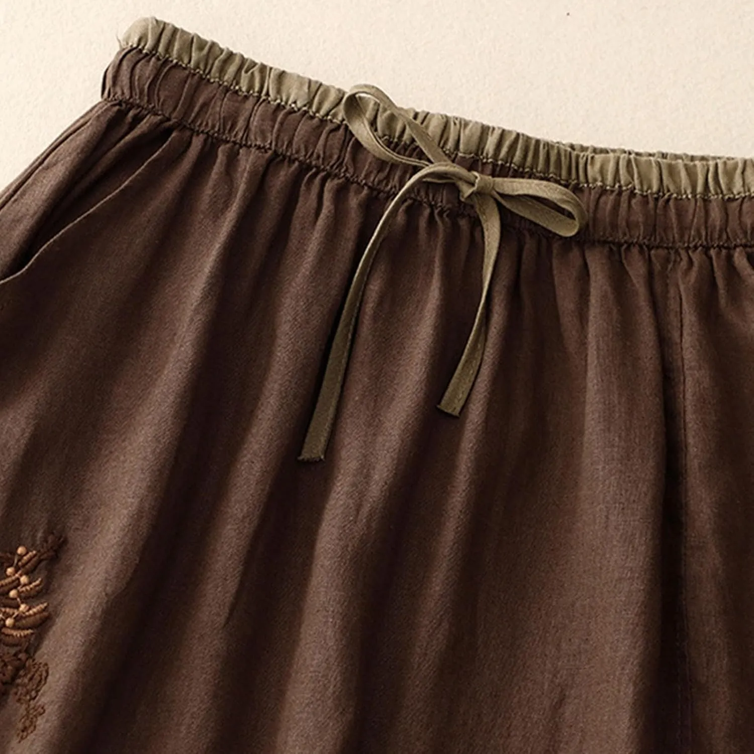 Women's Cotton Linen Embroidery Flowy Skirt Lace Up Elastic High Waisted Summer Skirts Casual Loose A Line Long Skirt