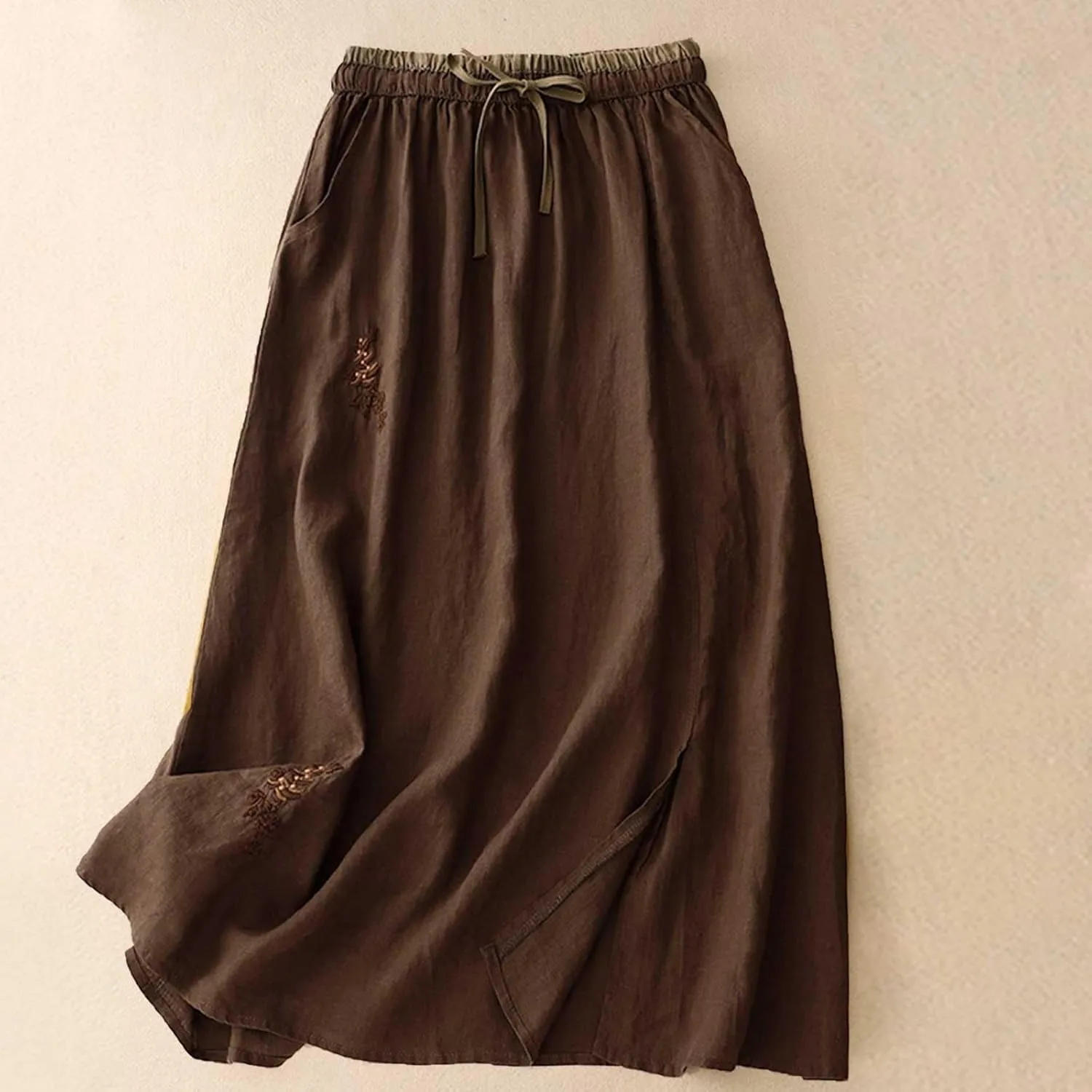 Women's Cotton Linen Embroidery Flowy Skirt Lace Up Elastic High Waisted Summer Skirts Casual Loose A Line Long Skirt