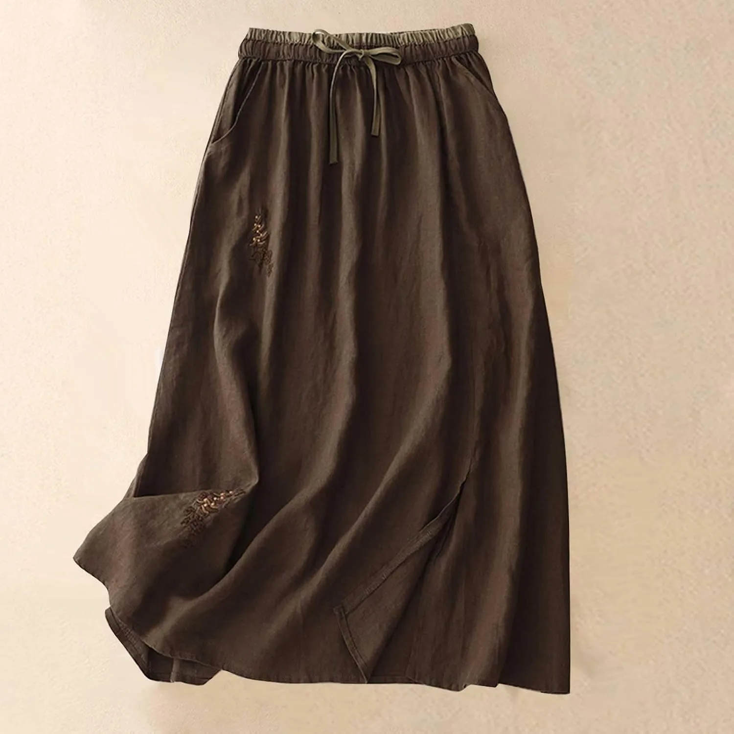 Women's Cotton Linen Embroidery Flowy Skirt Lace Up Elastic High Waisted Summer Skirts Casual Loose A Line Long Skirt