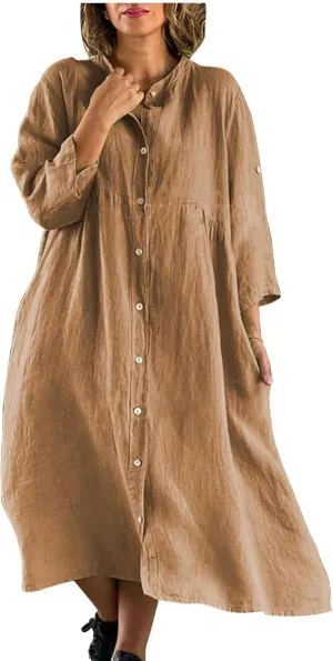 Women's Cotton Linen Long Sleeve Button Down Shirt Dress Summer Casual Plus Size A-Line Swing Midi Dress with Pockets