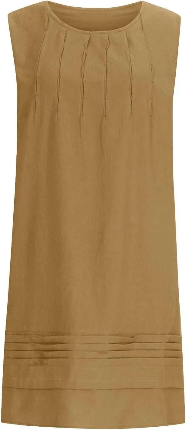 Womens Cotton Linen Shift Dresses Casual Loose Summer Sleeveless Pleated Midi Tshirt Sundress Beach Gauze Dress