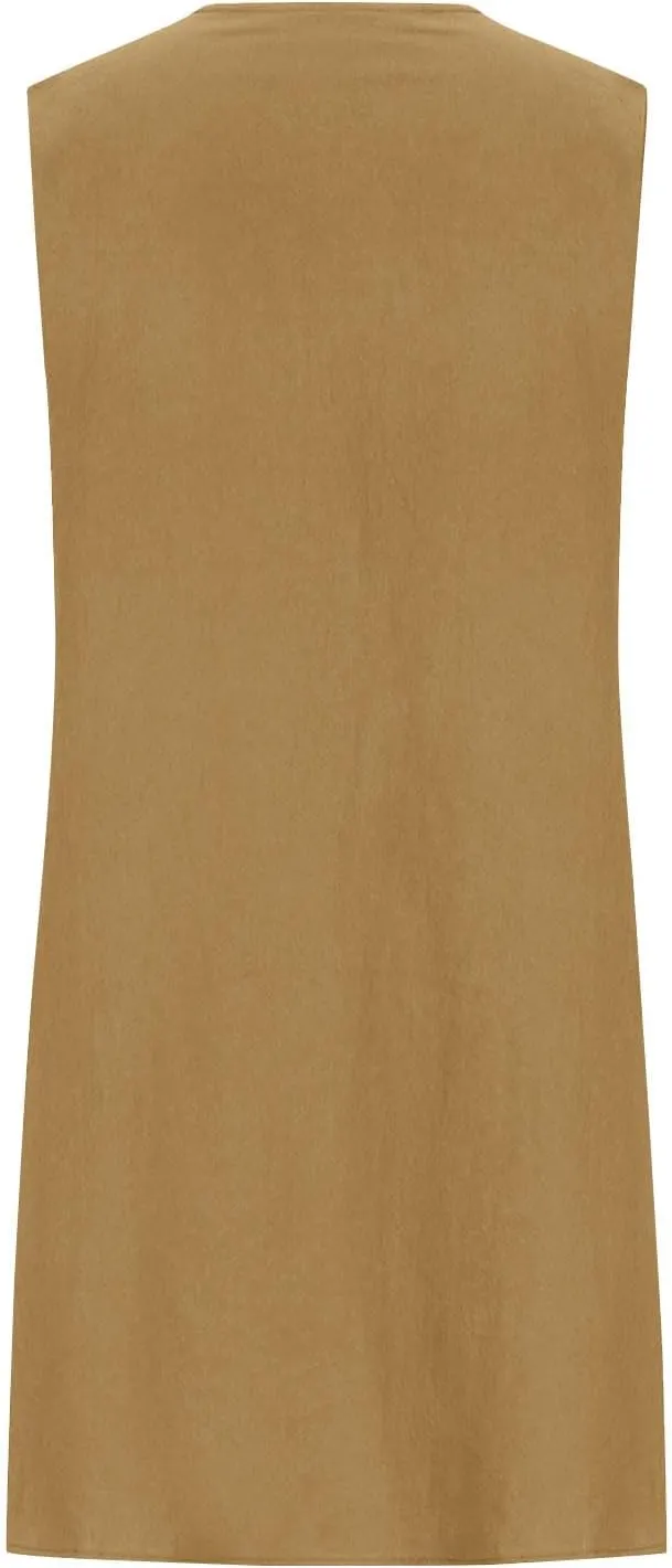 Womens Cotton Linen Shift Dresses Casual Loose Summer Sleeveless Pleated Midi Tshirt Sundress Beach Gauze Dress