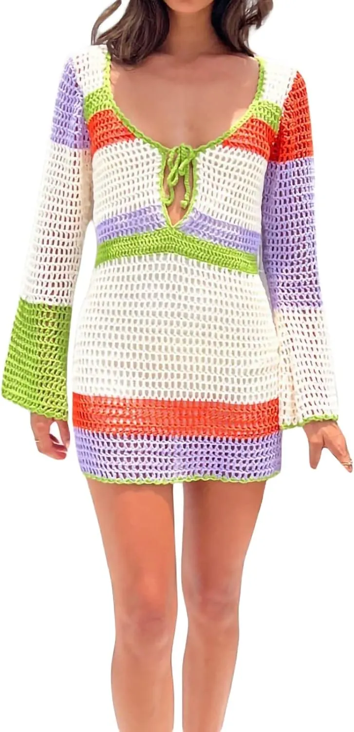 Womens Crochet Knit Mini Dress Hollow Out Backless Bodycon Short Dresses Summer Tie Up Beach Wear Sundress