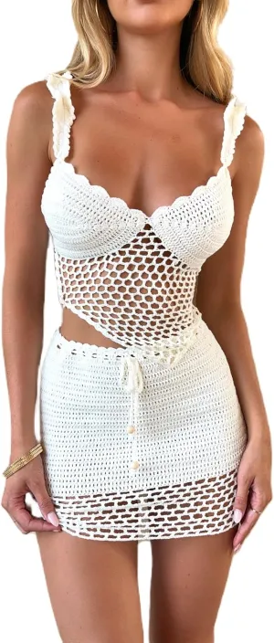 Womens Crochet Knit Mini Dress Hollow Out Backless Bodycon Short Dresses Summer Tie Up Beach Wear Sundress