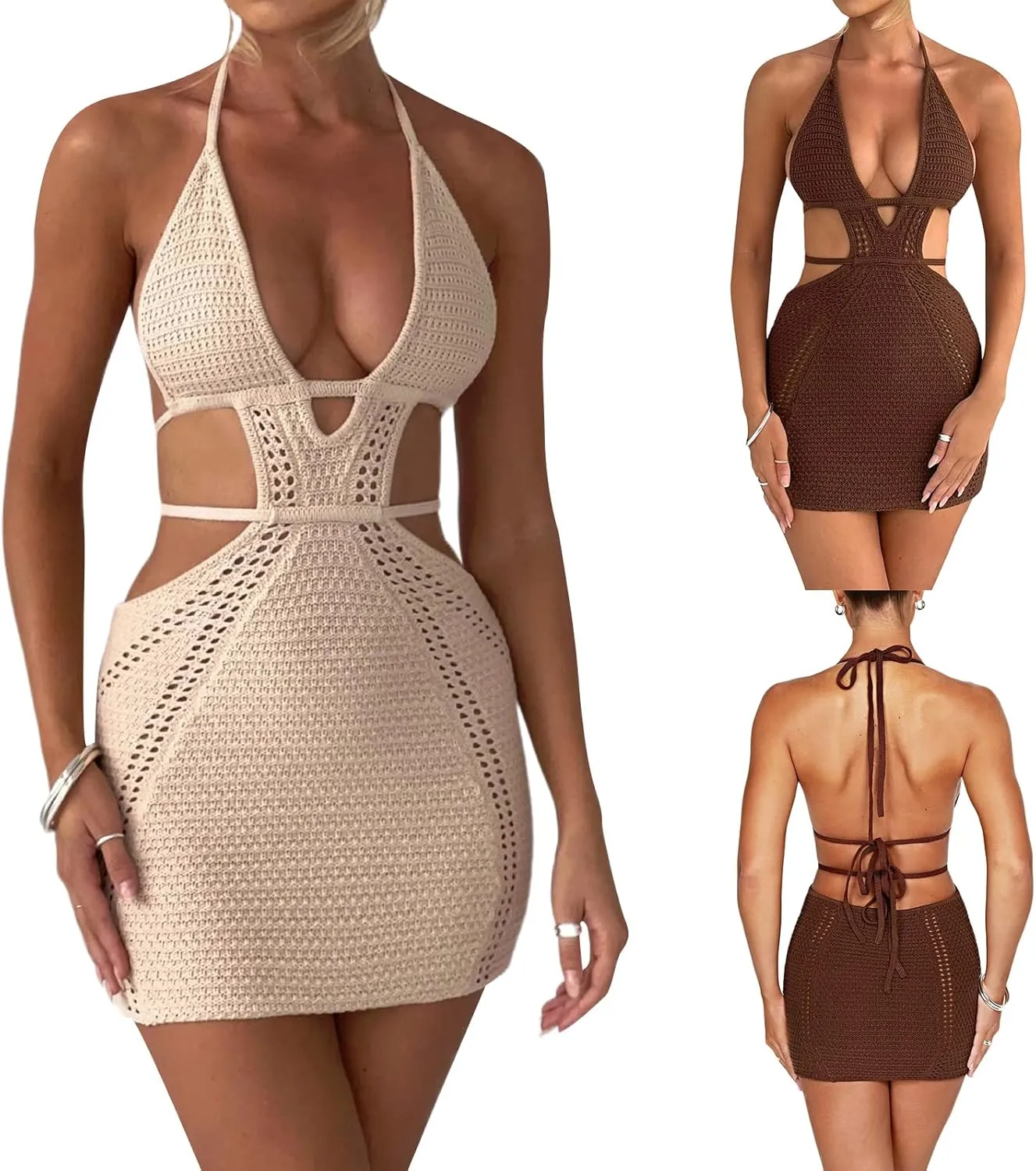 Womens Crochet Knit Mini Dress Hollow Out Backless Bodycon Short Dresses Summer Tie Up Beach Wear Sundress