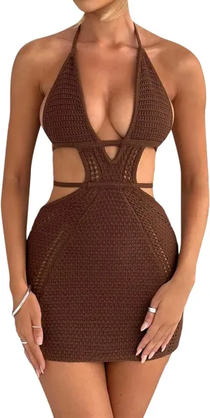 Womens Crochet Knit Mini Dress Hollow Out Backless Bodycon Short Dresses Summer Tie Up Beach Wear Sundress