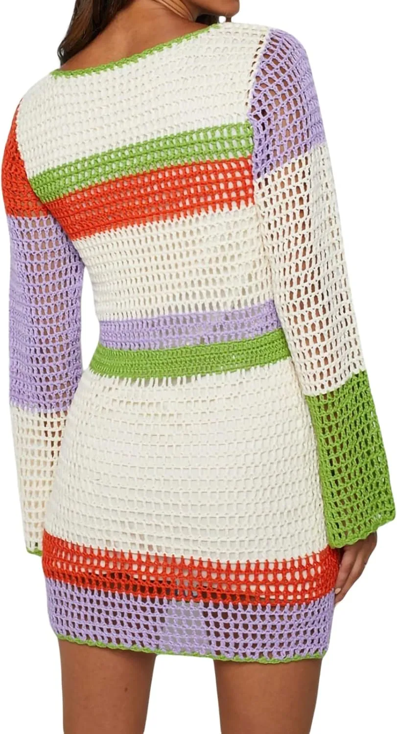 Womens Crochet Knit Mini Dress Hollow Out Backless Bodycon Short Dresses Summer Tie Up Beach Wear Sundress