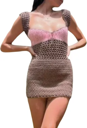 Womens Crochet Knit Mini Dress Hollow Out Backless Bodycon Short Dresses Summer Tie Up Beach Wear Sundress