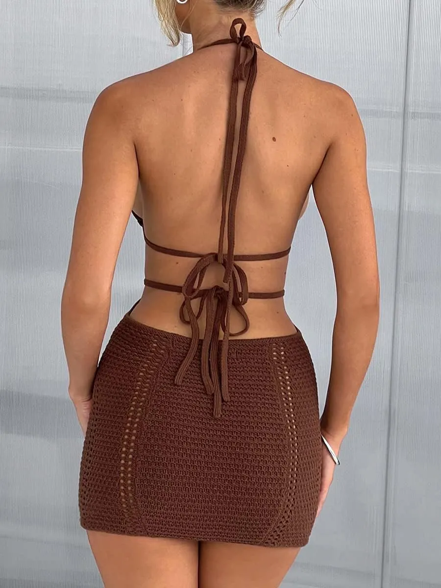 Womens Crochet Knit Mini Dress Hollow Out Backless Bodycon Short Dresses Summer Tie Up Beach Wear Sundress