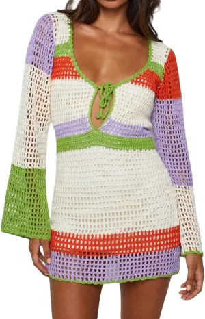 Womens Crochet Knit Mini Dress Hollow Out Backless Bodycon Short Dresses Summer Tie Up Beach Wear Sundress