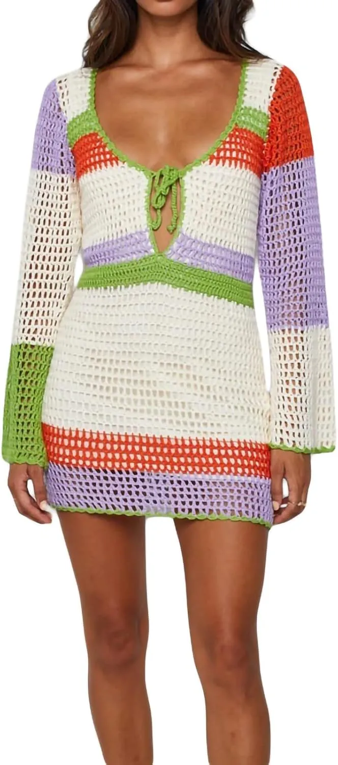 Womens Crochet Knit Mini Dress Hollow Out Backless Bodycon Short Dresses Summer Tie Up Beach Wear Sundress