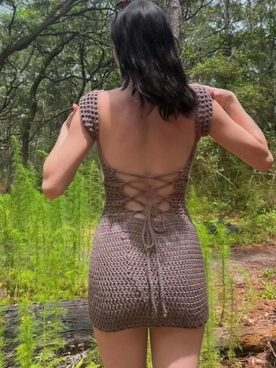 Womens Crochet Knit Mini Dress Hollow Out Backless Bodycon Short Dresses Summer Tie Up Beach Wear Sundress