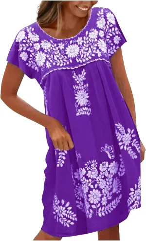 Women's Dresses Summer Casual Loose Printed Dress 2024 Swing Round Neck Short Sleeve Dresses Plus Size, S-5XL