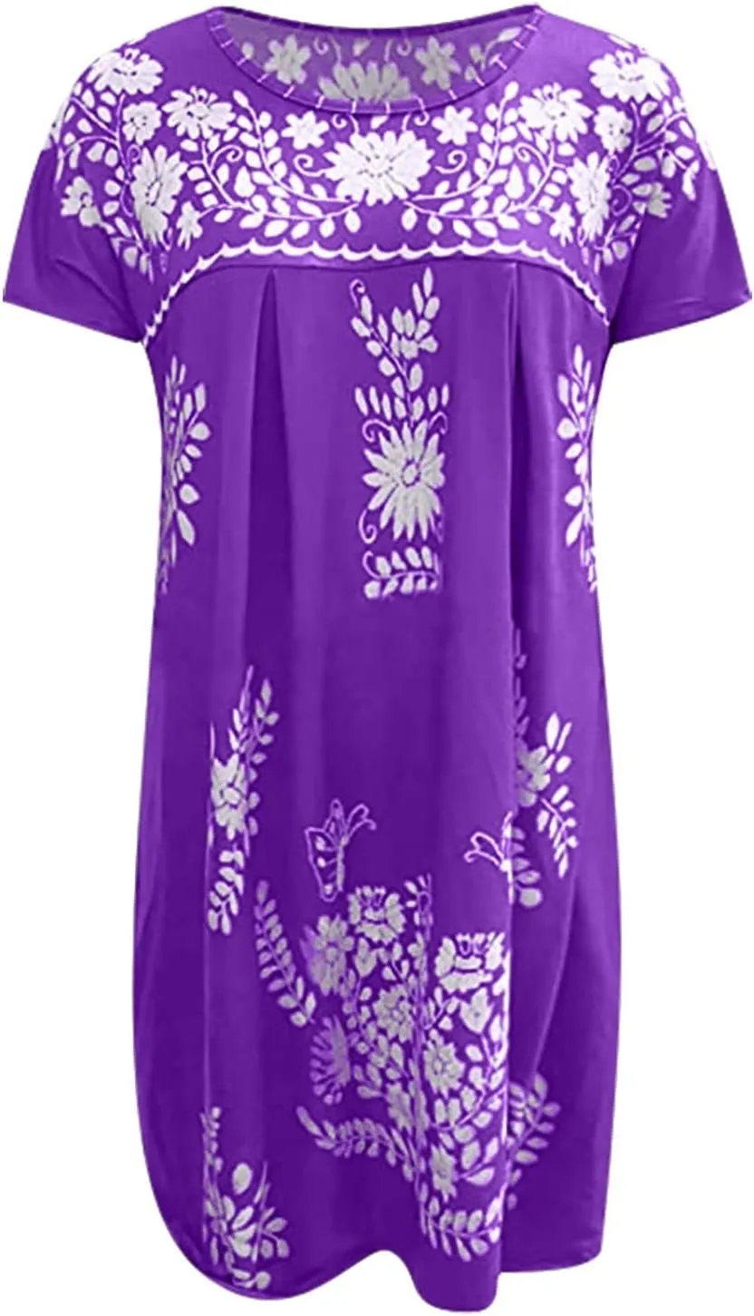 Women's Dresses Summer Casual Loose Printed Dress 2024 Swing Round Neck Short Sleeve Dresses Plus Size, S-5XL